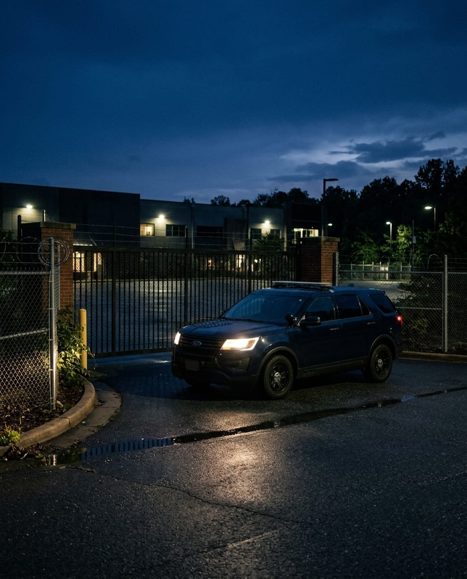 Security patrol vehicle at dusk