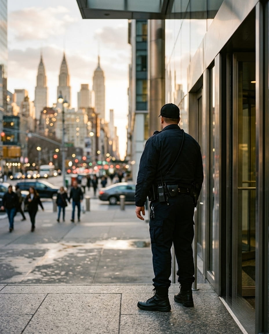 Security officer at building entrance