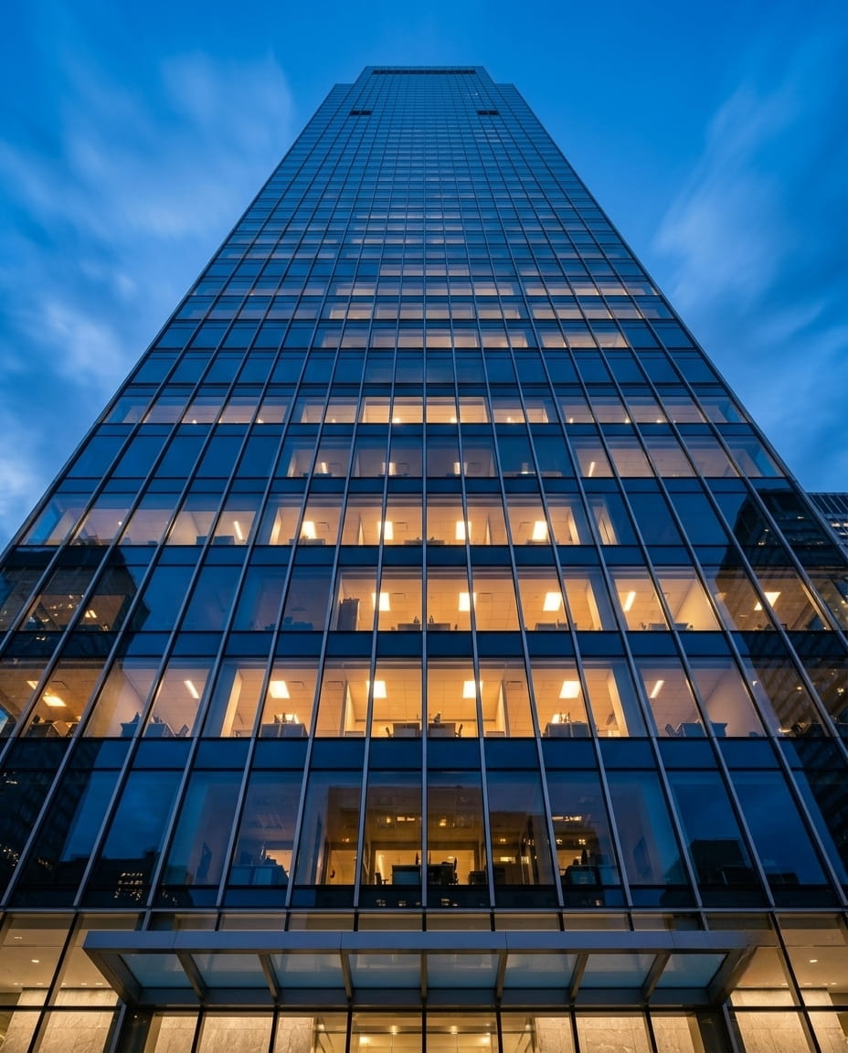 Corporate building facade at blue hour